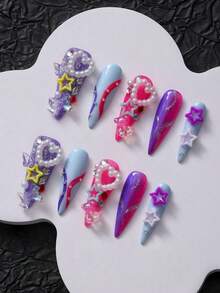 10 قطع أظافر أكريليك للضغط عليها، أظافر صيفية للضغط عليها ضروريات الشاطئ، أظافر صناعية، أظافر Y2K، أظافر هالوين، دب الدوبامين، نجوم، خاتم لؤلؤي بشكل قلب، فيونكة أورورا، مناسبة لعطلات المرأة والحفلات وغيرها من المناسبات، هدية مجموعة من أدوات الأظافر - Follow Your Heart - مشاهدة 3