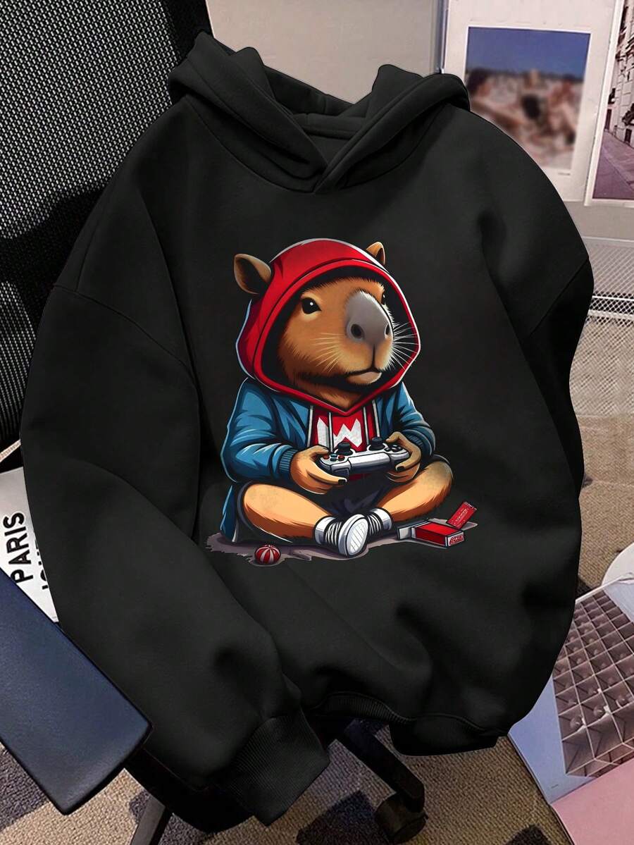 Tween Boys' Cartoon Pattern Warm Sweatshirt - Black - View 1