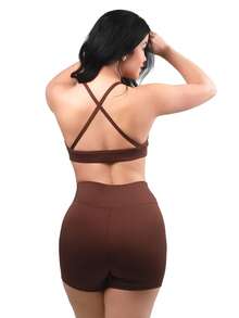 Work Fitness Kit 2 Set Of Backless Top With Cross Straps And Basic Premium Bermuda Shorts - Rust Brown - View 3