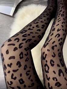 1件装女士豹纹提花哥特风修身超薄连裤袜