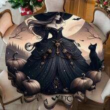 1pc Round Tablecloth, Must-Have For Halloween! Pumpkin + Bat Elements, Ideal For Dark Party Atmosphere, Suitable For Daily Home, Living Room, Dining Room, Theme Party Events, Washable And Reusable