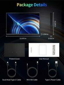 2.5K 16-Inch 60hz 2560*1600P Brightness 350cd/㎡ 100%SRGB 350nits High Refresh 16:10 Material Aluminum Built-In Speaker, Gaming/Ultra-Thin Portable Monitor Second Screen Console For PS/Laptop/Mobile Phone, No Adapter