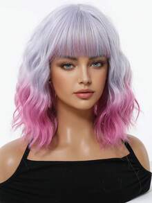 Peluca sintética de 12 pulgadas con ondas cortas y efecto ombré en púrpura, con flequillo, apta para uso diario, fiestas y cosplay - Ombre Púrpura - Ver 4