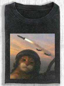 230g Washed Calm Cat Print T-Shirt, High-Quality Wax Printed Cotton Retro Fashion Brand T-Shirt, Men's T-Shirt, Summer T-Shirt, Beach Essential, Holiday Gift, Perfect Gift