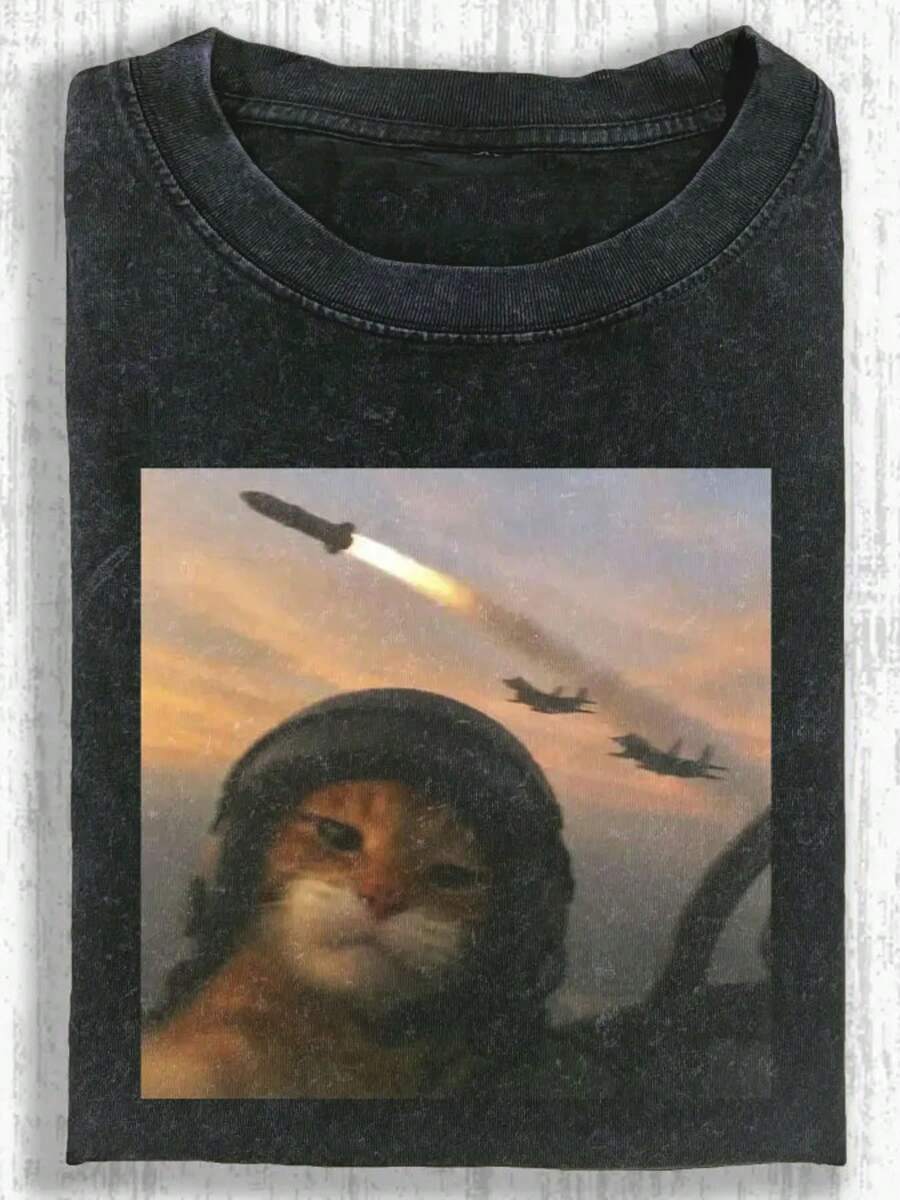 230g Washed Calm Cat Print T-Shirt, High-Quality Wax Printed Cotton Retro Fashion Brand T-Shirt, Men's T-Shirt, Summer T-Shirt, Beach Essential, Holiday Gift, Perfect Gift