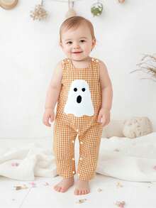 Baby Boy Halloween Clothes, Baby Pumpkin Outfits, Ghost Baby Clothes Boy, Newborn Boy Summer Overalls, Ghost/Pumpkin Embroidered Plaid Crew Neck Sleeveless Jumpsuit For Fall