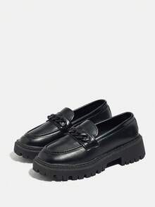 Giày lười mũi tròn cho nữ, đế dày, thường ngày, thoải mái, thanh lịch, đa năng, phù hợp đi làm, đi học, mùa xuân/thu, màu đen - màu đen - Xem 5