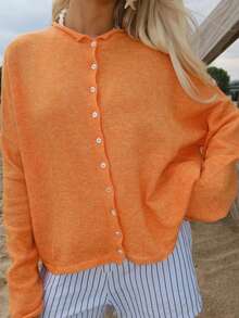 Women Y2k Crew Neck Cardigan Sweater Long Sleeve Button Down Solid Color Top Fall Casual Vintage Lightweight Knitwear - trái cam - Xem 2