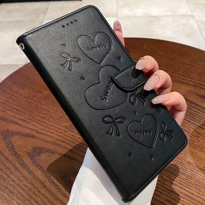 黑色心形压纹皮革翻盖保护套 + 支架 + 精湛工艺 + 全套手机壳，兼容三星 S24U/S25U，兼容红米 Note 13 Pro/14 Pro；仿皮保护套，兼容小米 Redmi Note 11/12/13/14 Pro；手机壳兼容 16 Pro Max/17 Pro Max/15/14/13/12/11/XS Max/Pro Max，防水防震防摔防刮，国际版，非国内版，春季生日礼物