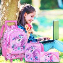 Rolling Backpack For Girls Boys, Kids Roller Wheels School Bookbag With Lunch Bag, Wheeled School Bag For Children - 蝴蝶獨角獸 - 查看 8