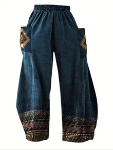 大码女式休闲复古印花裤，带口袋 - 图案，宽松版型，秋冬时尚，涤纶混纺，可机洗，可爱裤子 - 彩色 - 查看 3