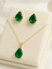 Plated Drop Necklace And Earring Set - 綠色 - 查看 1