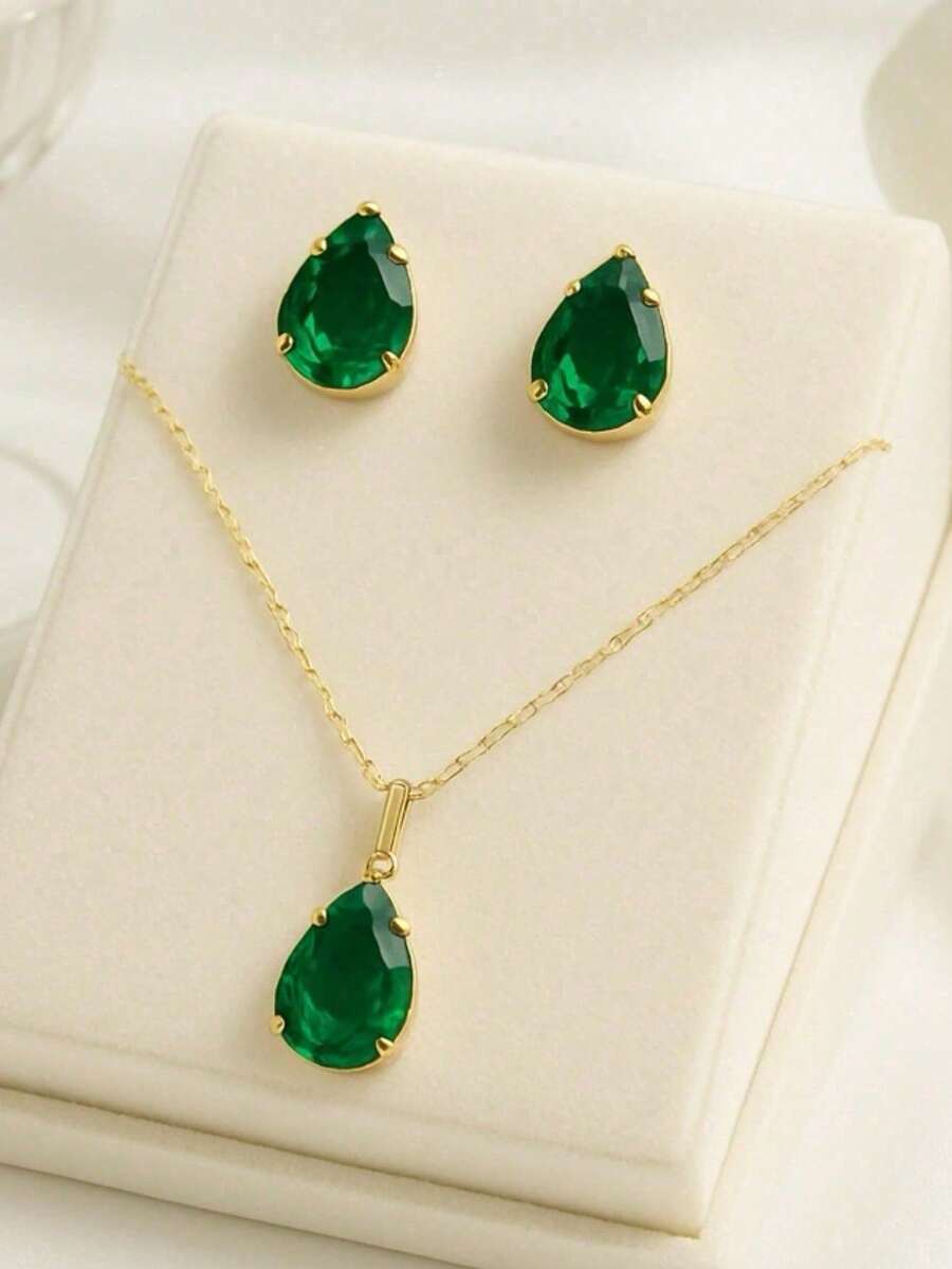 Plated Drop Necklace And Earring Set - 綠色 - 查看 1