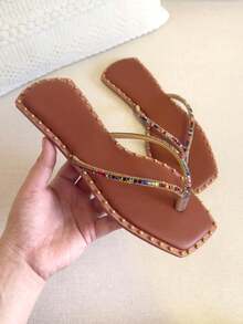 Women's Rhinestone Flat Flip Flop Sandal Soft Lightweight Comfortable Promotion New Arrival Glitter Flat Flip Flop Fashion Luxury Fashion - 駝色 - 查看 1