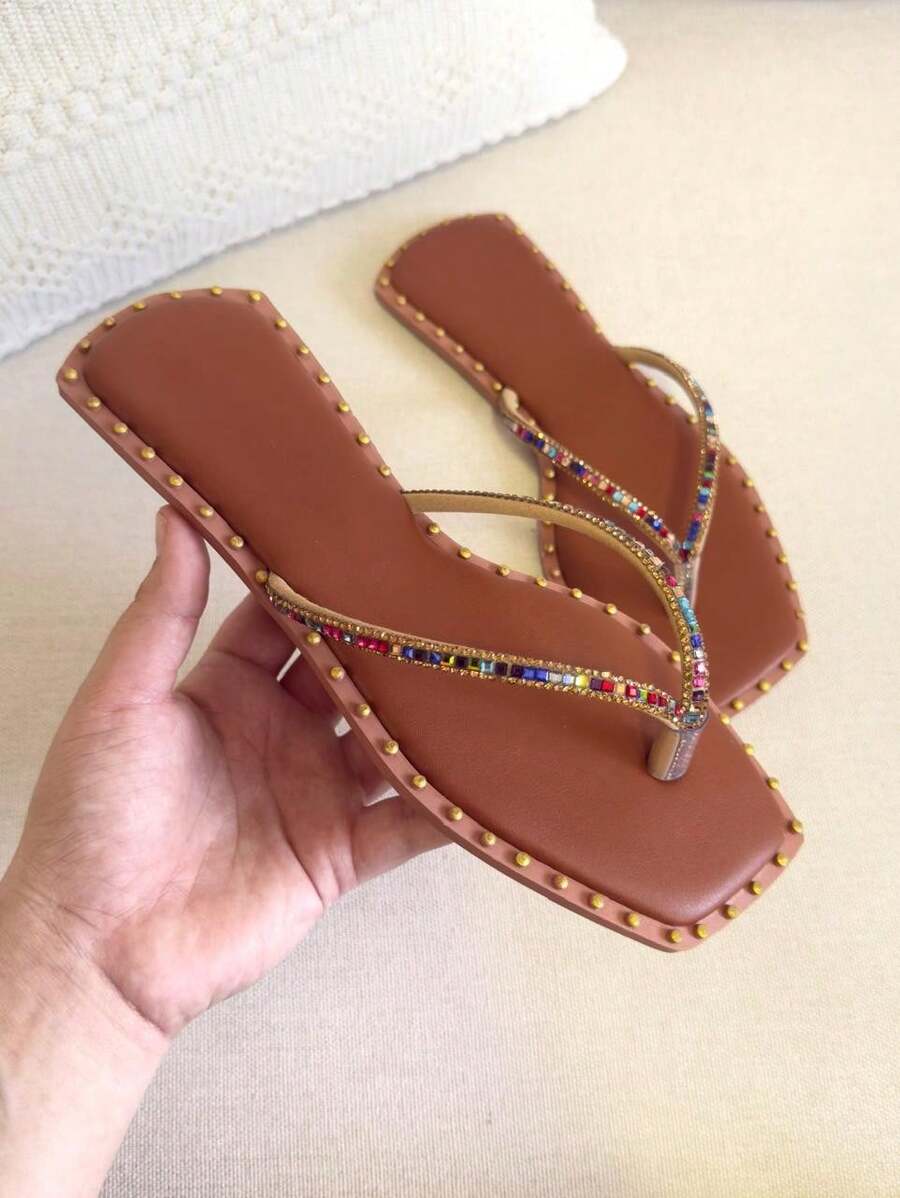 Women's Rhinestone Flat Flip Flop Sandal Soft Lightweight Comfortable Promotion New Arrival Glitter Flat Flip Flop Fashion Luxury Fashion - 駝色 - 查看 1