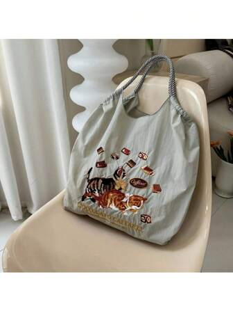 1pc New Fashion Embroidered Cute Cat Pattern Lightweight Nylon Large Capacity Tote Bag, Suitable For Party, Travel, Shopping And Beach, Shoulder & Crossbody