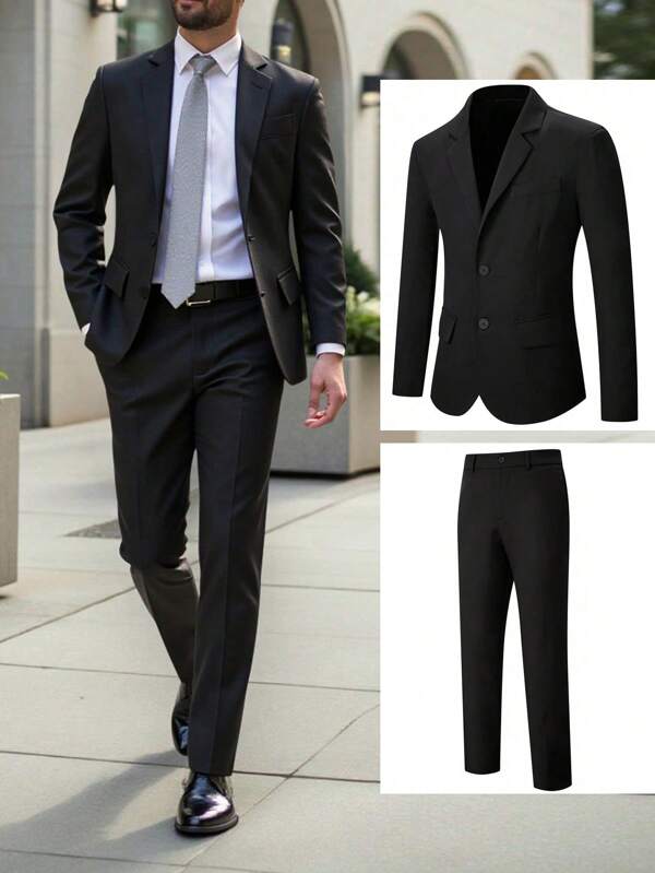 2 piezas Conjunto de chaqueta y pantalón de traje negro de doble botonadura de unicolor para hombre, adecuado para uso formal profesional, trabajo, boda, fiesta