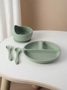 PopLittleOne 4PCS Baby Silicone Dinner Sets Color Contrast Plate Suction Bowl Eating Training Spoon Fork Colorful Baby Tableware Sets - Multicolor 1 - View 12