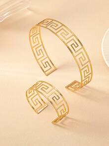 Set de 2 piezas de brazaletes y pulseras con textura geométrica de zigzag de metal dorado exagerado, adecuado para atuendos diarios, de fiesta y de vacaciones de mujeres - Amarillo Oro - Ver 6