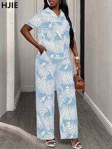 Bộ đồ hai mảnh dành cho nữ, Bộ đồ mùa thu, Áo sơ mi tay ngắn in họa tiết bất đối xứng + Quần dài, Trang phục công sở thoải mái, Trang phục hàng ngày, Trang phục tốt nghiệp - Màu xanh nhạt - Xem 7