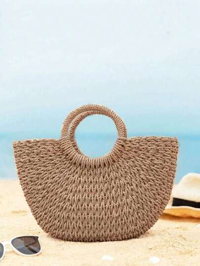 Bolso de playa de media luna tejido a mano de paja, bolso de hombro cruzado de gran capacidad con diseño calado para mujer, bolso de paja tejido de media luna de verano, bolso portátil hecho a mano de mujer de gran capacidad, bolso de playa, bolso de asa superior tejido en cesta
