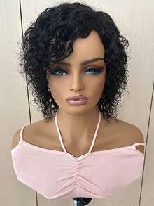 100% 巴西水波真人发假发自然黑色短卷发精灵短发真人发假发全机器制作适合所有种族