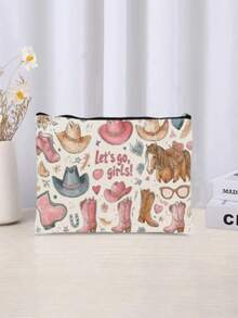 1 件，西部牛仔“Let's Go, Girls”图案印花化妆包和洗漱用品收纳包 - 牛仔学院风格可重复使用医药包，粉色牛仔帽和牛仔靴美学铅笔袋，旅行和化妆收纳包 - 适用于学校、夏季家居装饰、珠宝收纳、零食袋 9 英寸 * 6 英寸旅行必备包，适合学校假期返校用品女士旅行包 - 彩色 - 查看 8