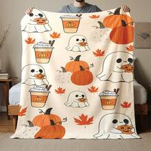 1pc Cartoon Cute Halloween Theme Blanket, Featuring Ghost & Pumpkin Print, Made Of Soft Flannel Fabric, Warm And Practical For Bedroom, Living Room, Halloween Decor, Office Nap, Camping, Yellow Throw Blanket