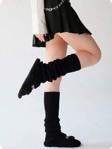 1 Paar Damen einfarbige vertikale gestreifte warme dekorierte süße Stulpen, geeignet für Frühling, Herbst, Winter, gemütlich