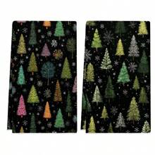 1 set/2 piezas Paños de cocina con diseño de árbol de Navidad y copos de nieve, adecuados para comedor, cocina, baño, decoración navideña, decoración de fiesta familiar, decoración del hogar, artículos del hogar, regalos para mayores y amigos
