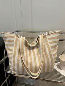 时尚复古条纹帆布手提包，大容量，用途广泛，是工作、上学或户外活动的理想之选，可用作背包、帆布包或沙滩包。 - 卡其色 - 查看 5