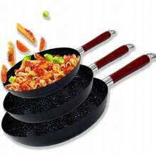Frying Pan Set 3 Piece – 20/24/26cm Non-Stick Marble Coating – Induction Compatible Skillets – Black Marble, Cool-Touch Wooden Handle – Scratch Resistant, Dishwasher Friendly – Even Heating Aluminum Cookware - Black - View 2