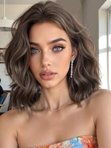 High Quality 12-Inch Medium-Length Chocolate Brown Curly Hair Without Bangs Elegant Ladies Synthetic Heat-Resistant Fiber Wig For Vacation,Mother's Day,Daily Use