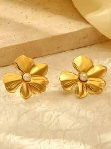 1 Đôi bông tai nữ thời trang tối giản, làm từ thép không gỉ, họa tiết hoa và ngọc trai giả. - Vàng - Xem 8
