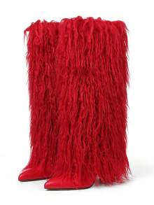 Y2k Style Women's Chic Pointed Toe Knee High Boots Fluffy Fur Chunky Heel Nightclub Party Club Shoes - 紅色 - 查看 5