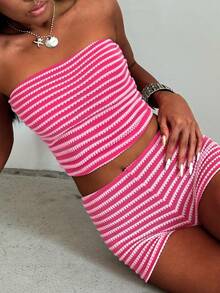 Women Stripe Cropped Fitted Fashionable Bandeau Top - Hot Pink - View 1