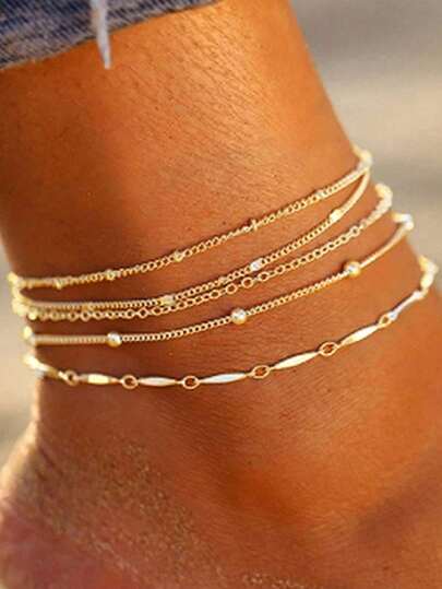 5pcs Minimalist Women Layered Anklet Set, Gold Beaded Flat Chain Decor, Elegant Holiday Gift Suitable For Daily & Vacation Wear