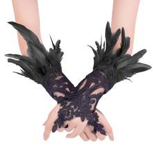 2pcsLadies' Halloween Dark Feather Lace Hooked Finger Gloves Party Ball Black Lace Bracelet Wrist Accessories Women's Black Lace Feather Gloves Witch Angel Costume Accessories Swan Wing Wristband
