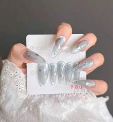 OroBelle 2025 Blue Cat Eye & Watercolor Press-On Nails| Long Oval Shape| With Starry Glitter, Holographic Flows & Bow Details| Icy Blue Glass Pearl Nail Art - S - Xem 9