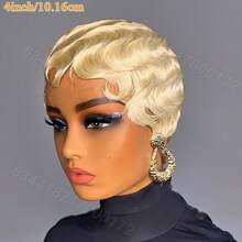 1顶80年代复古优雅无蕾丝指波纹假发，613号金色，150%密度，4英寸指波纹真人发假发，女士短款精灵头假发，妈妈款假发 - 金色 - 查看 3