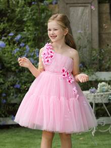 3D Flower Decor One-Shoulder Tulle Princess Dress For Girls, Suitable For Birthday Gift, Party, Wedding, Flower Girl, Holiday Celebration - Pink - View 3