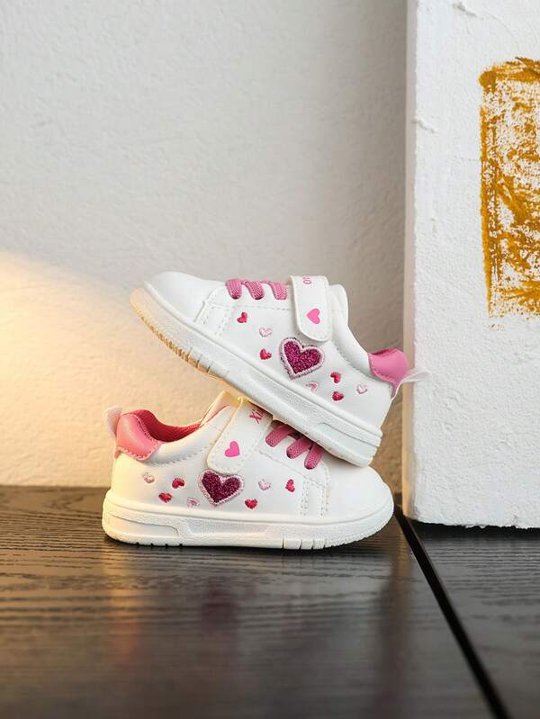 1 Pair Kids Heart Embroidery Shiny Design White Shoes, Soft Sole Anti-Slip Toddler Shoes Suitable For Outdoor Sports, Autumn/Winter New
