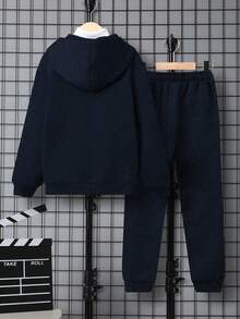 Tween Boy 2pcs Set Casual Sports Training Solid Color Fleece Hooded Jacket And Solid Color Drawstring Pockets Fleece Sweatpants, Warm Outfit For Spring Autumn Winter - Navy Blue - View 2