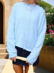 Women Y2k Crew Neck Cardigan Sweater Long Sleeve Button Down Solid Color Top Fall Casual Vintage Lightweight Knitwear - 淺藍色 - 查看 2