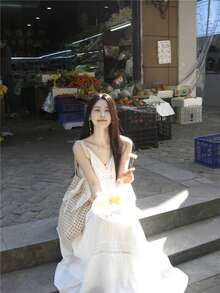 宽松白色拼布蕾丝边吊带背心裙，飘逸修身 - 白色 - 查看 6