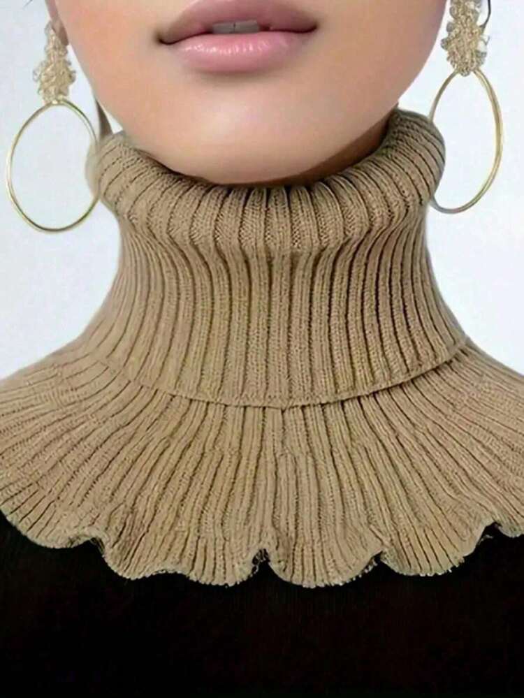 女士冬季围巾一条，柔软涤纶纤维，设计优雅，弹性保暖，针织围巾，不含假发，适合搭配连衣裙 - 黑色 - 查看 5