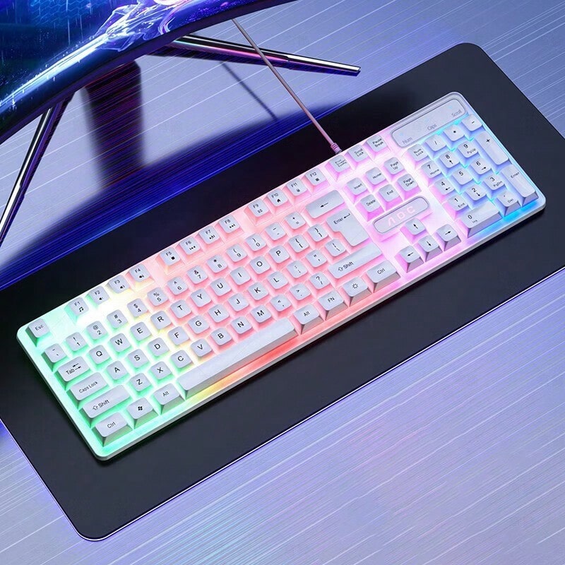 AOC KM100遊戲鍵鼠組 機械手感薄膜按鍵 七彩呼吸燈效 高精度光學滑鼠 即插即用USB 網咖/家用全能之選 白色 - 白色 - 查看 1