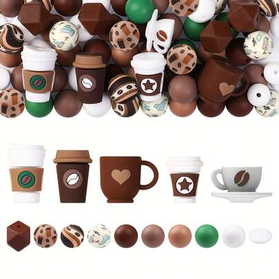 8/25/28/80pcs 3D Star Silicone Bead Set, Includes 15mm Coffee Bean Printed Round Beads. Brown & Green Round Beads Suitable For Jewelry Making, DIY Earrings, Necklaces, Bag Chains, Pen Decorations, Phone Straps - Perfect For Coffee Lovers