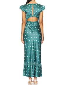 Women Y2K Lace Patchwork Mesh Maxi Dress Floral/Dot Print V Neck Cap Sleeve Bodycon Dress Summer Open Back Cutout Going Out Long Dress - 綠色 - 查看 3