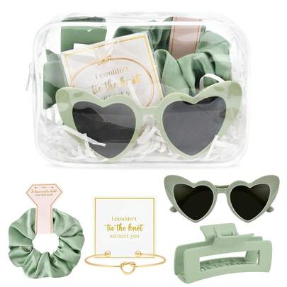 5-delars set med festtillbehör för kvinnor, inklusive genomskinlig sminkväska, dekorativa glasögon, hårklämmor, hårspännen, knutarmband, perfekta presenter till bröllopsfesten, övernattningsfester, pyjamasfester och svensexor